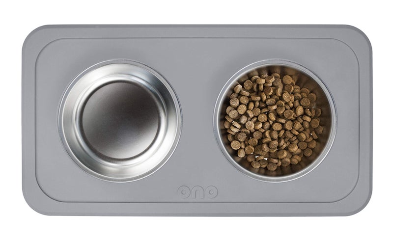 Ono Good Bowl Food & Water Double Feeder - Small to Medium Pets No Spill Non Skid Silicone Mat & Stainless Steel Bowl for Dogs or Cats (Charcoal) - Image 2